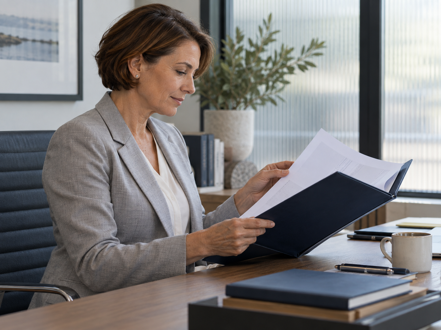 Illustrative professional reviewing business documents